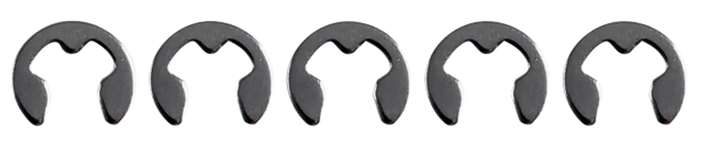 Fünf Sicherungsscheiben in metallischer Optik, angeordnet in einer Reihe, geeignet für mechanische Anwendungen, hergestellt von der Marke Wolf.